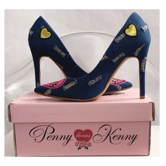 EUC Penny Loves ❤️Kenny Blue Denim Multi Patches designs Heels-Size 7 - Picture 5 of 9